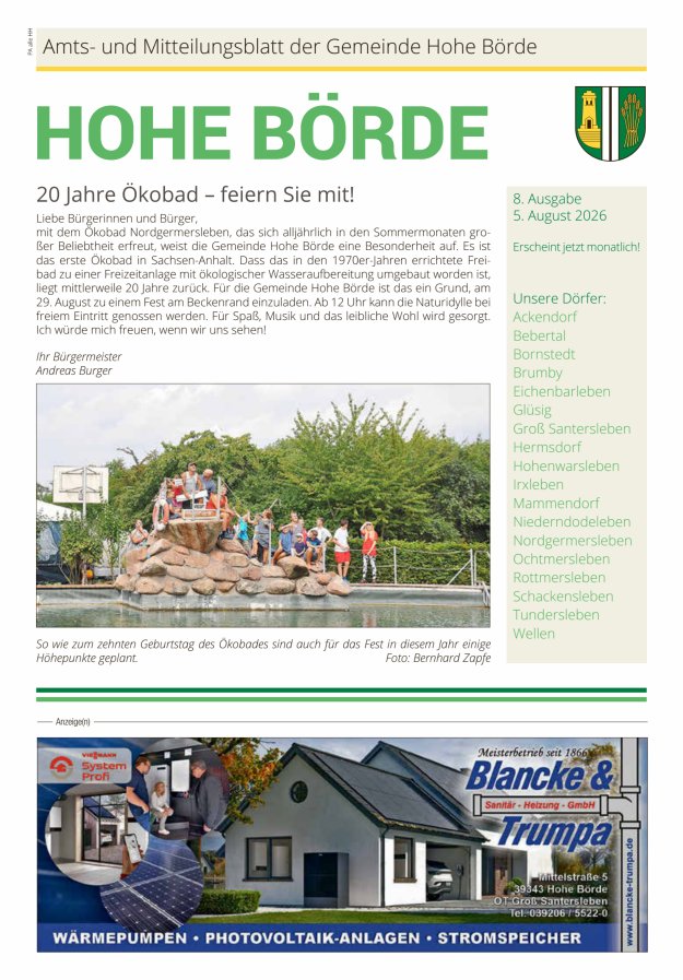 Amts- und Mitteilungsblatt der Gemeinde Hohe Börde Titelblatt 08/2026