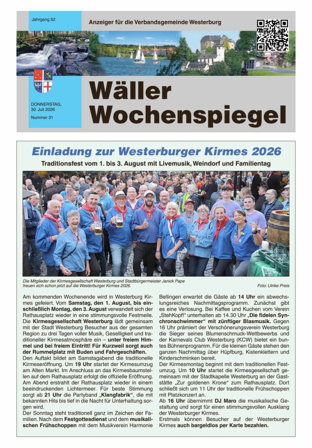 Wäller Wochenspiegel - Anzeiger für die Verbandsgemeinde Westerburg Titelblatt 31/2026