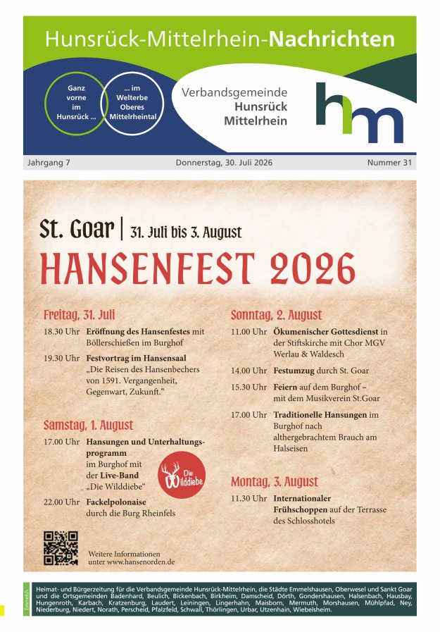 Hunsrück-Mittelrhein Nachrichten Ausgabe Emmelshausen Titelblatt 31/2026