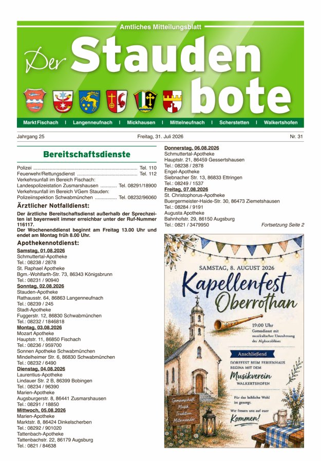 Staudenbote Amtliches Mitteilungsblatt Titelblatt 31/2026