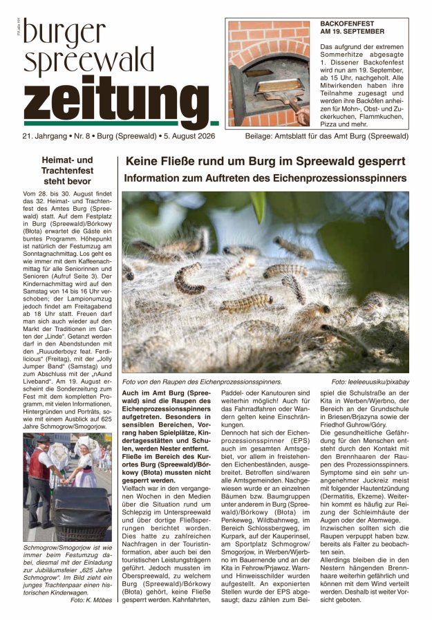 Burger Spreewald Zeitung - Amtsblatt für das Amt Burg (Spreewald) Titelblatt 08/2026