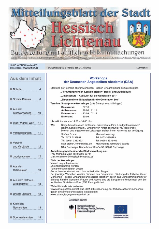Mitteilungsblatt der Stadt Hess Lichtenau Titelblatt 31/2026