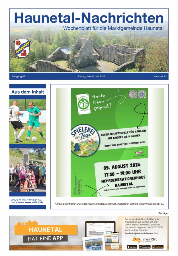 Haunetal-Nachrichten Titelblatt 31/2026