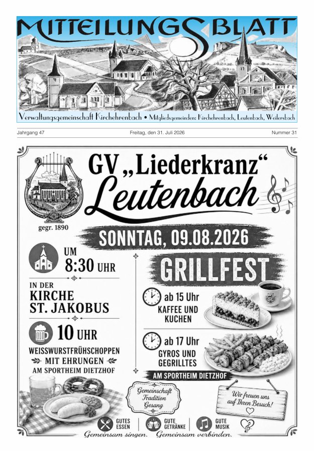 Mitteilungsblatt Verwaltungsgemeinschaft Kirchehrenbach Titelblatt 31/2026