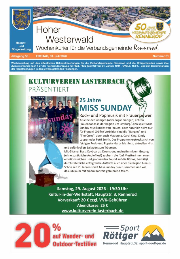 Hoher Westerwald - Wochenkurier für die Verbandsgemeinde Rennerod Titelblatt 31/2026