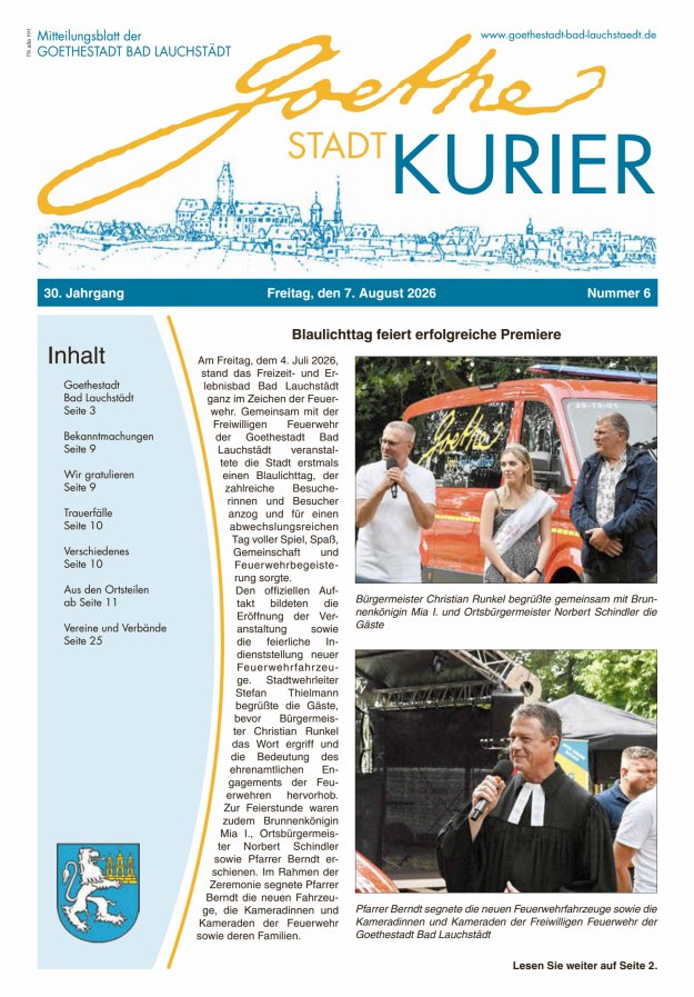 Goethestadt Kurier - Mitteilungsblatt der Goethestadt Bad Lauchstädt Titelblatt 06/2026