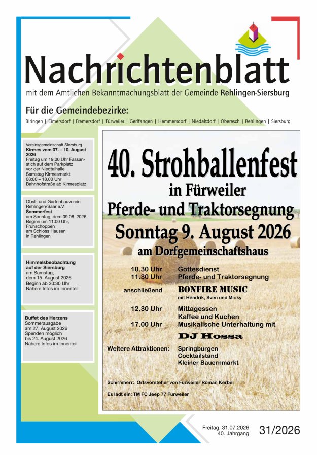 Nachrichtenblatt Rehlingen-Siersburg Titelblatt 31/2026