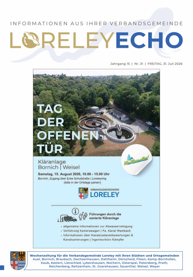Loreley-Echo - Mitteilungsblatt der Verbandsgemeinde Loreley (Braubach) Titelblatt 30/2026