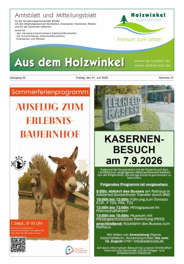 Aus dem Holzwinkel Amtsblatt u Mitteilungsblatt f VG Welden u GemAdelsried Titelblatt 31/2026