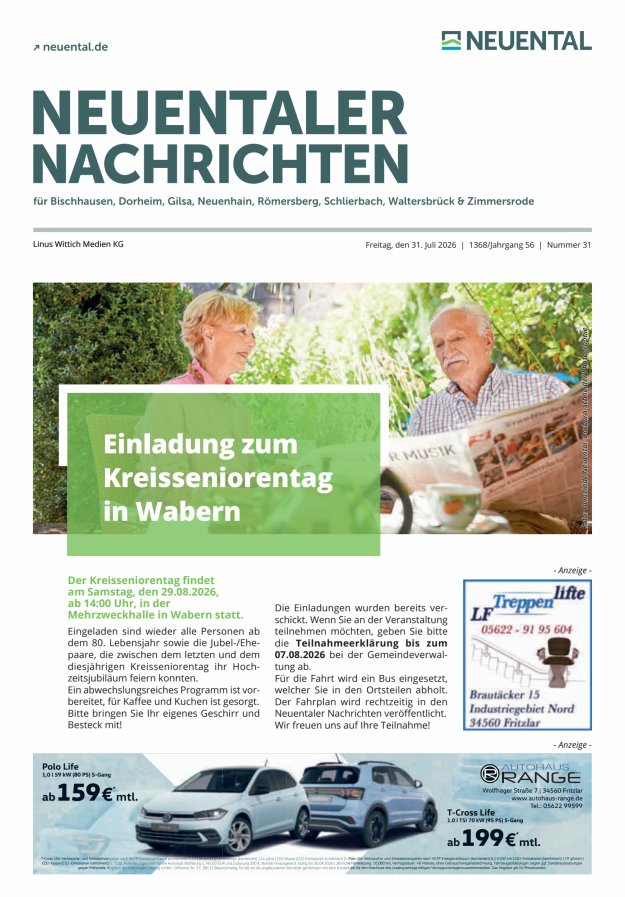 Neuentaler Nachrichten Titelblatt 31/2026