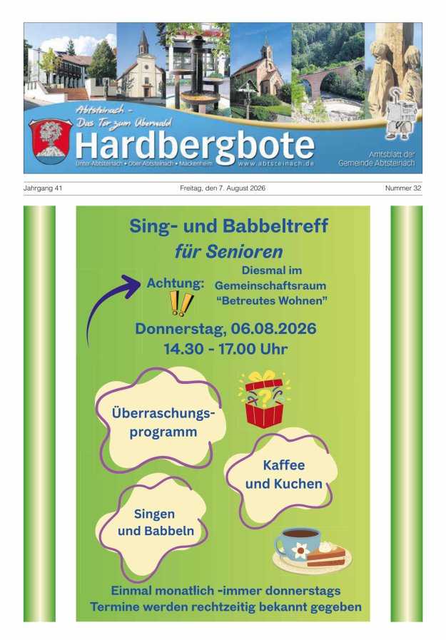 Hardbergbote - Mitteilungsblatt der Gemeinde Abtsteinach Titelblatt 32/2026