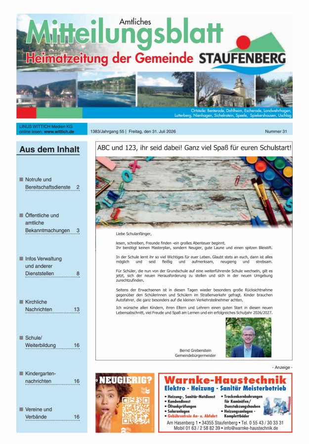 Heimatzeitung der Gemeinde Staufenberg Titelblatt 31/2026