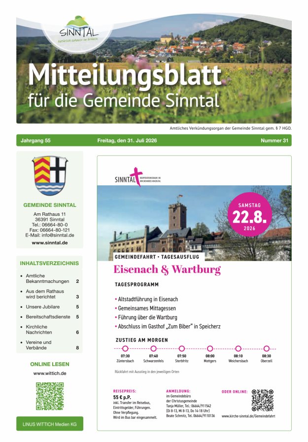 Mitteilungsblatt für die Gemeinde Sinntal Titelblatt 31/2026