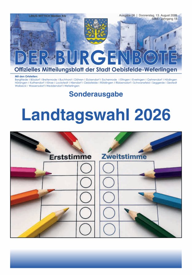 Mitteilungsblatt der Einheitsgemeinde Stadt Oebisfelde-Weferlingen Titelblatt 08/2026
