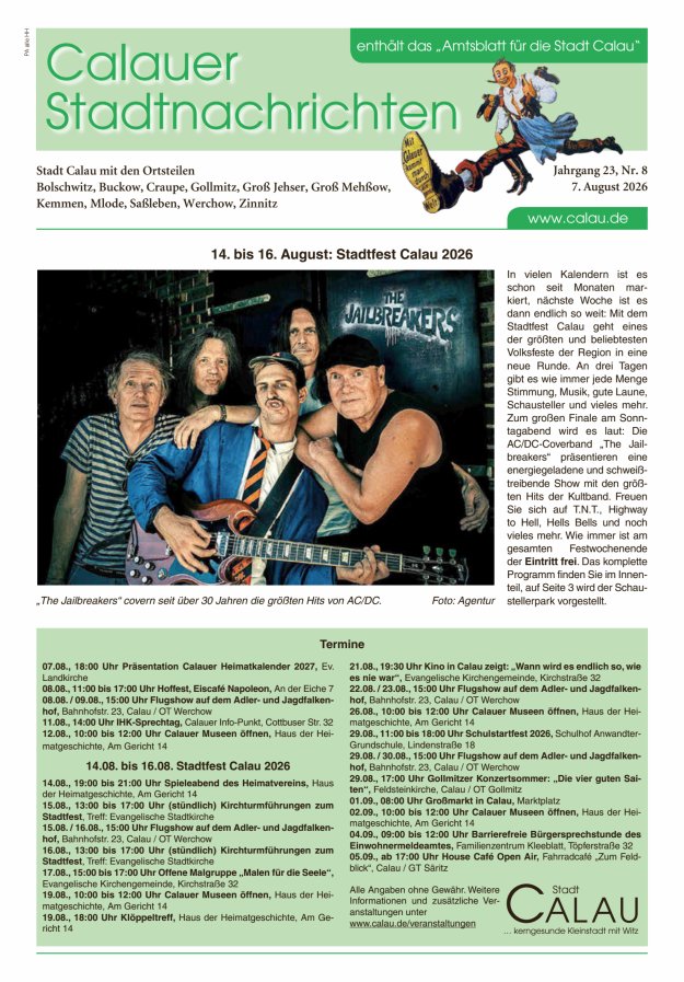 Calauer Stadtnachrichten  Titelblatt 08/2026