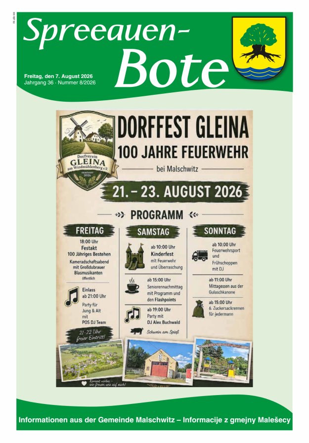 Spreeauen-Bote - Amtsblatt der Gemeinde Malschwitz Titelblatt 08/2026