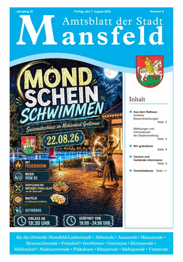 Amtsblatt der Stadt Mansfeld Titelblatt 08/2026