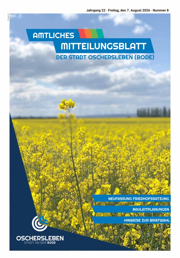 Amtliches Mitteilungsblatt der Stadt Oschersleben (Bode) und ihrer Ortsteile Titelblatt 08/2026