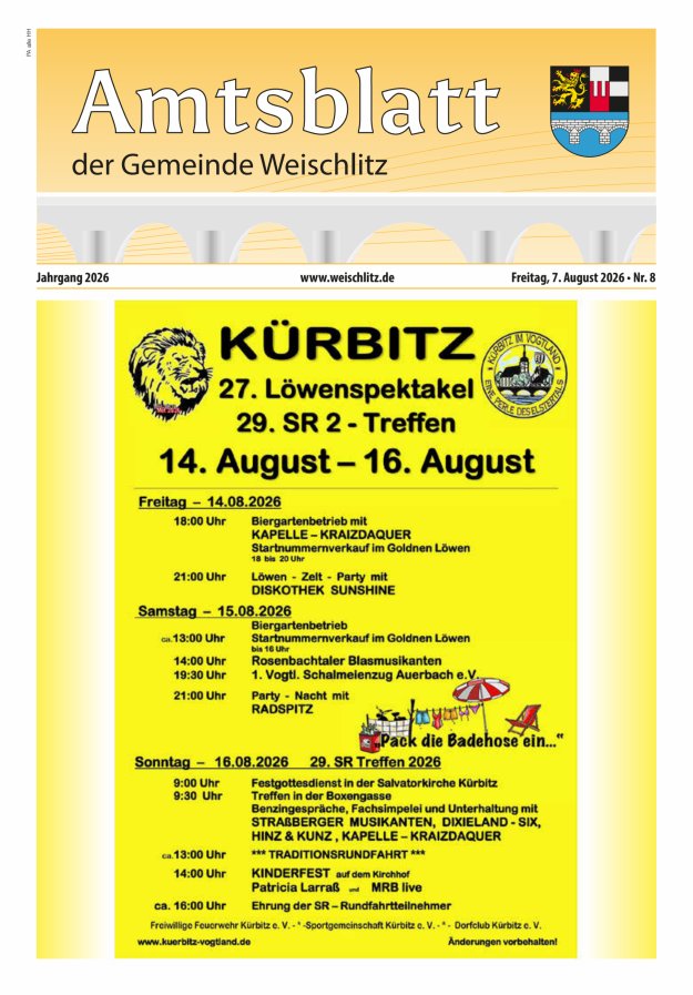 Amtsblatt der Gemeinde Weischlitz Titelblatt 08/2026
