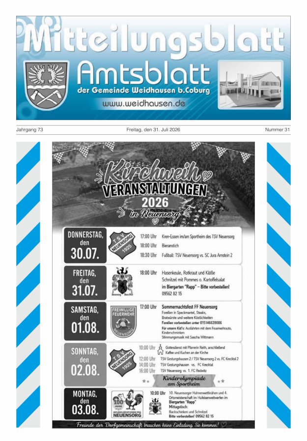 Mitteilungsblatt - Amtsblatt der Gemeinde Weidhausen b Coburg Titelblatt 31/2026