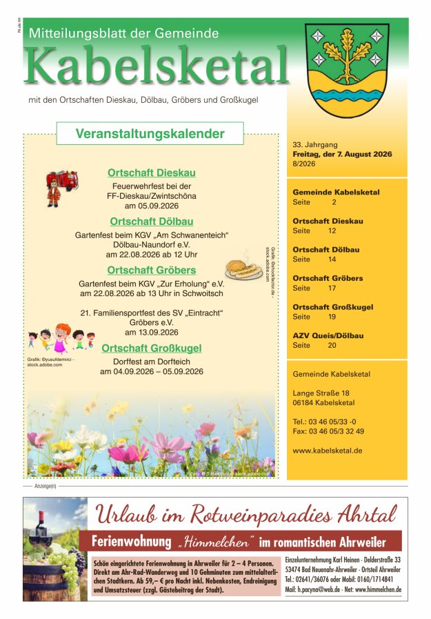 Amtsblatt der Gemeinde Kabelsketal mit den Ortsteilen Titelblatt 08/2026