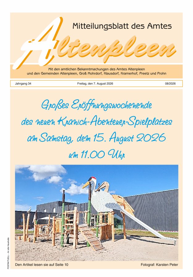 Mitteilungsblatt des Amtes Altenpleen Titelblatt 08/2026