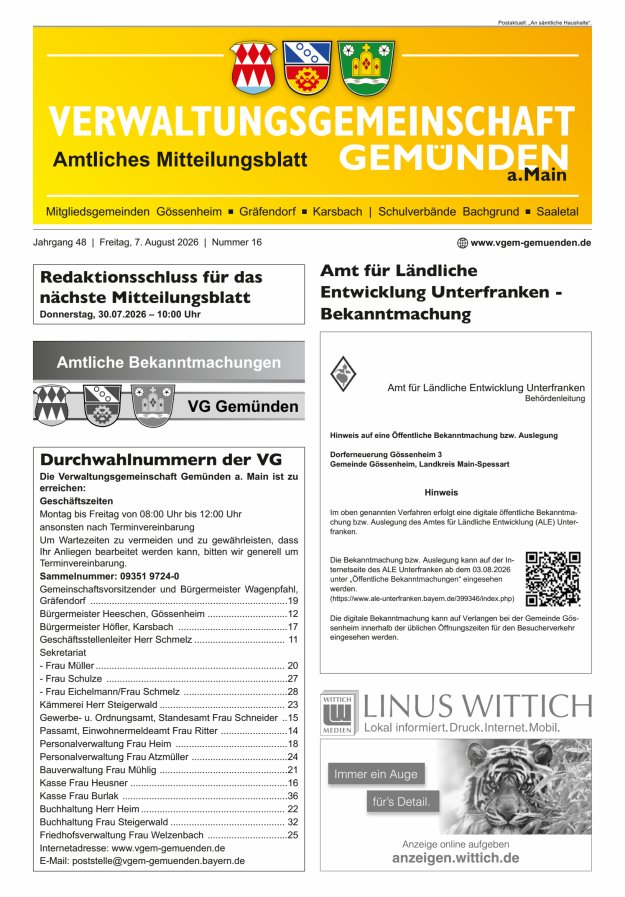 Mitteilungsblatt der VG Gemünden a Main Titelblatt 16/2026