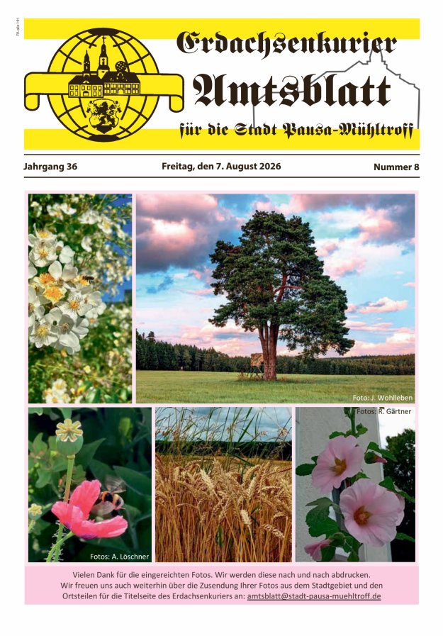 Erdachsenkurier - Amtsblatt für die Gemeinde Pausa-Mühltroff Titelblatt 08/2026
