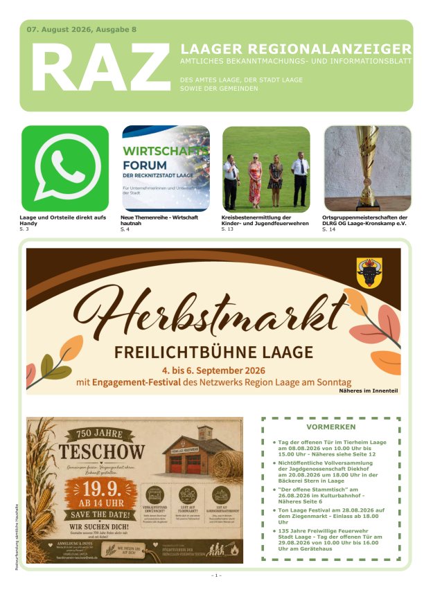 Laager Regionalanzeiger Titelblatt 08/2026