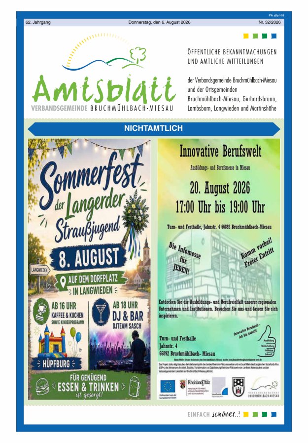 Amtsblatt der VG Bruchmühlbach-Miesau Titelblatt 32/2026