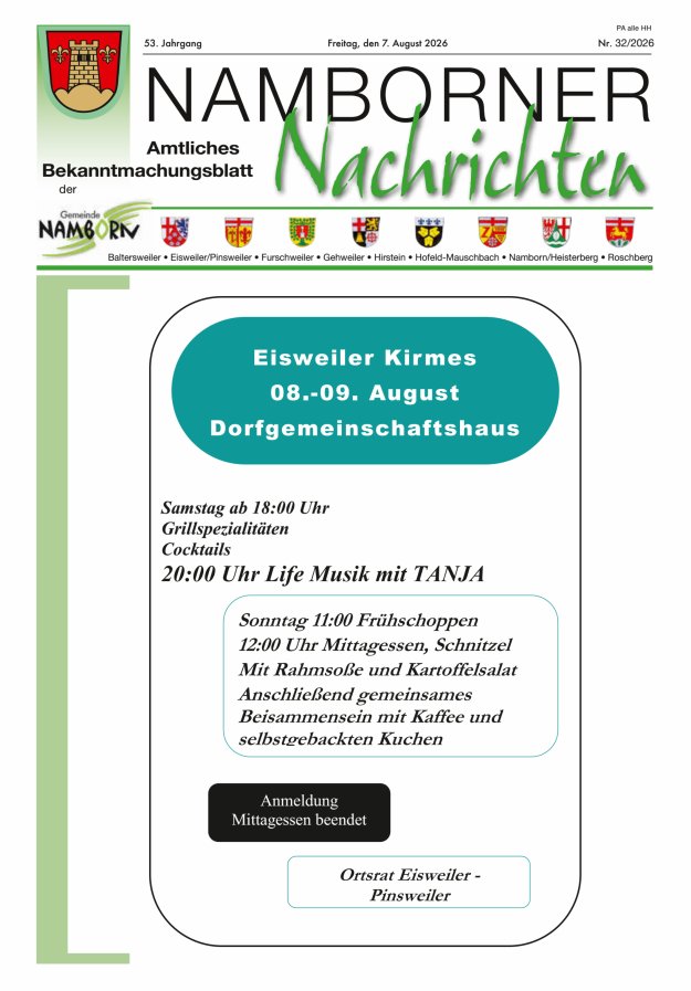 Namborner Nachrichten Titelblatt 32/2026