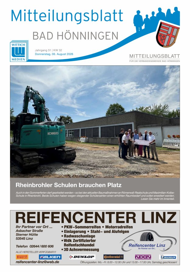 Mitteilungsblatt für den Bereich der Verbandsgemeinde Bad Hönningen Titelblatt 32/2026