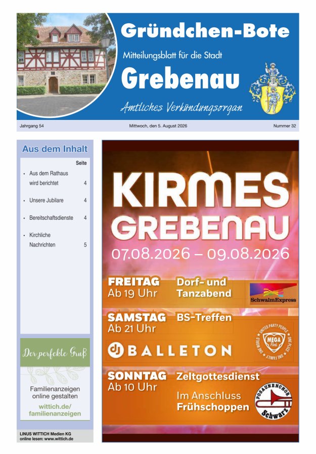 Grebenau - Gründchen Bote - Mitteilungsblatt für die Stadt Grebenau Titelblatt 32/2026