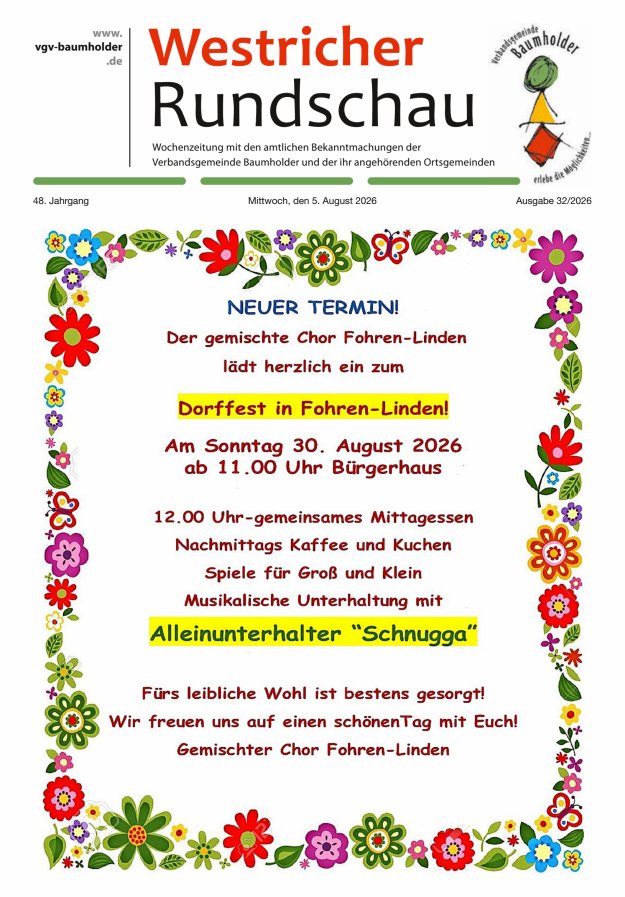 Westricher Rundschau VG Baumholder Titelblatt 32/2026