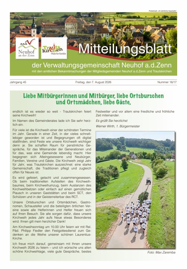 Mitteilungsblatt der Verwaltungsgemeinschaft Neuhof an der Zenn mit den amtlichen Bekanntmachungen der Mitgliedsgemeinden Neuhof an der Zenn und Trautskirchen Titelblatt 16/2026