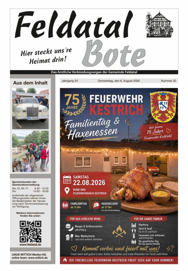 Das Amtliche Verkündungsorgan der Gemeinde Feldatal Titelblatt 32/2026