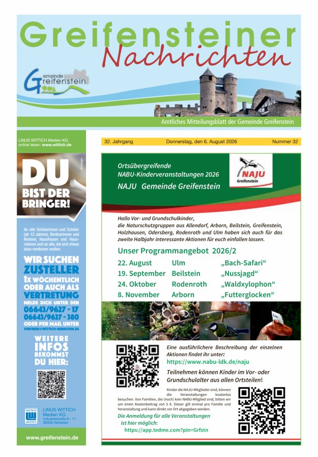 Mitteilungsblatt der Gemeinde Greifenstein Titelblatt 32/2026