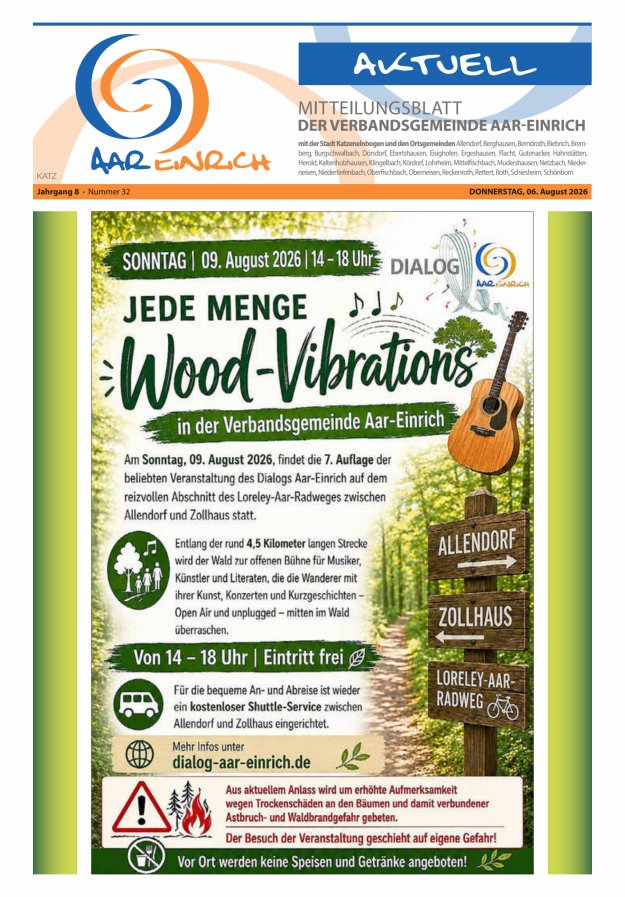 Mitteilungsblatt der Verbandsgemeinde Aar-Einrich Ausgabe Katzenelnbogen Titelblatt 31/2026