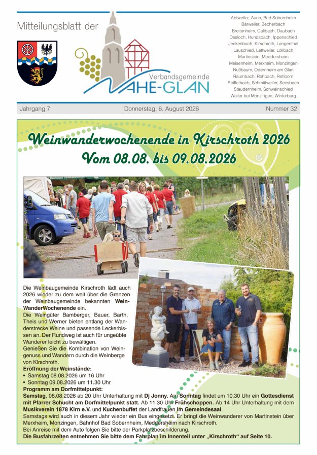 Mitteilungsblatt für die Verbandsgemeinde Nahe-Glan Titelblatt 32/2026
