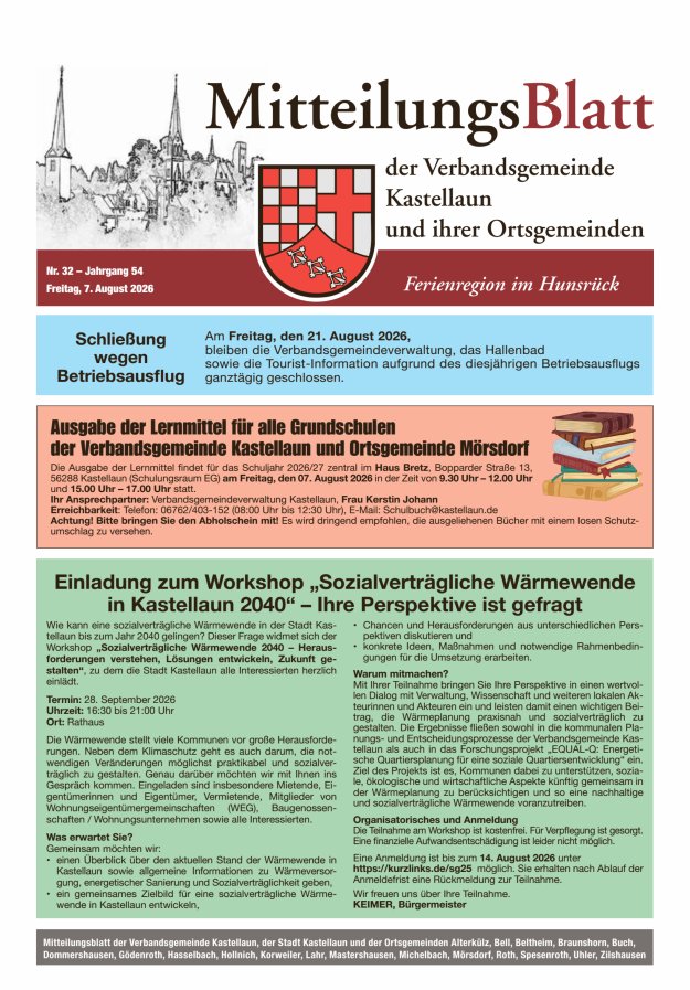 Mitteilungsblatt Kastellaun Titelblatt 32/2026