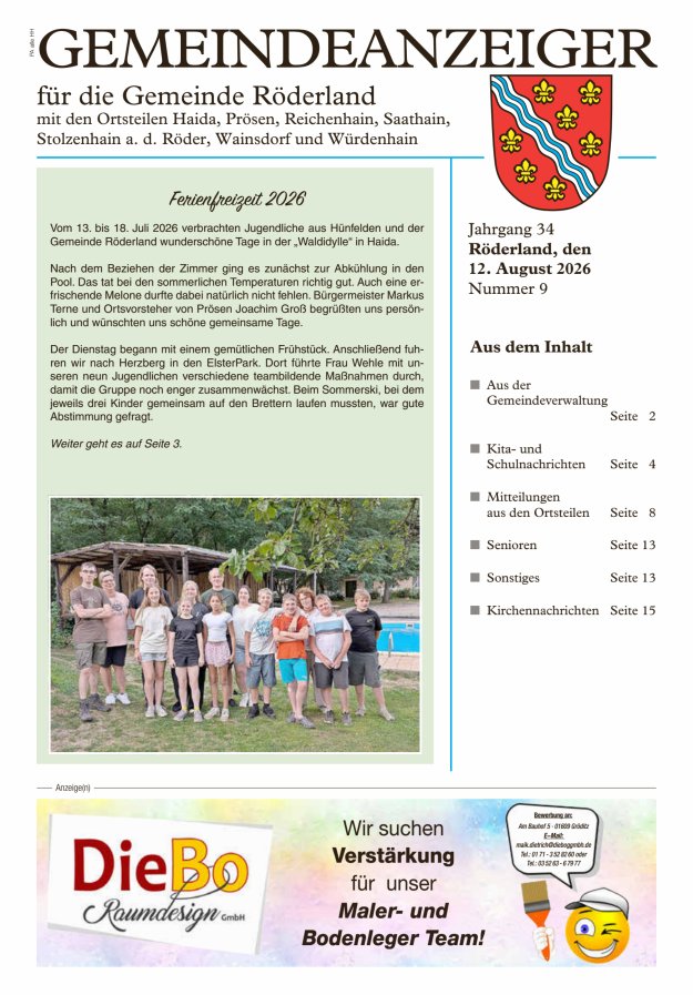 Gemeindeanzeiger - Amtsblatt für die Gemeinde Röderland Titelblatt 09/2026