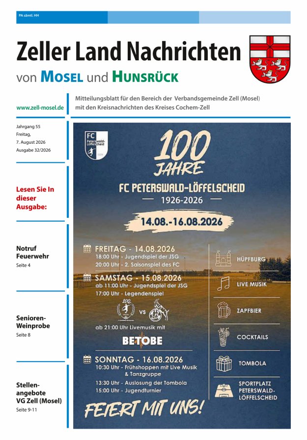 Zeller Land Nachrichten Titelblatt 32/2026