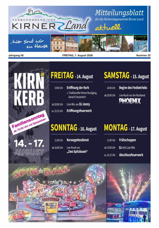 Mitteilungsblatt für den Bereich der Verbandsgemeinde Kirner Land Titelblatt 32/2026