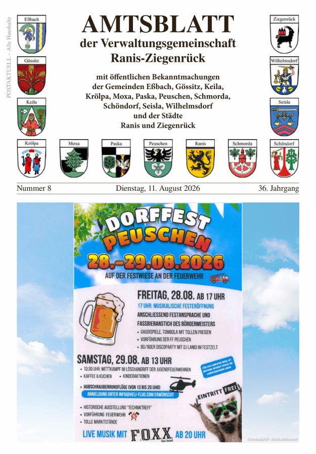 Amtsblatt der Verwaltungsgemeinschaft Ranis-Ziegenrück Titelblatt 08/2026