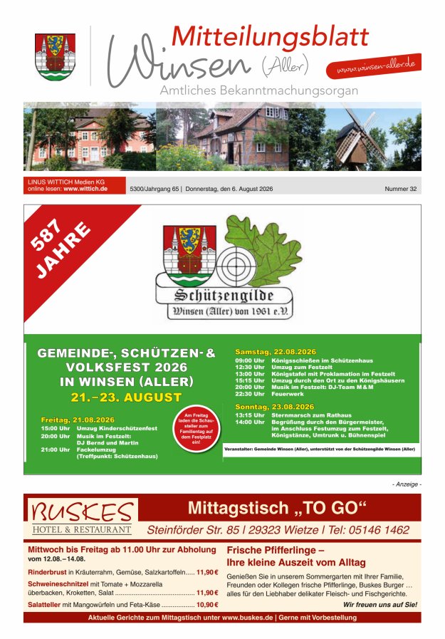 Mitteilungsblatt der Gemeinde Winsen Titelblatt 32/2026