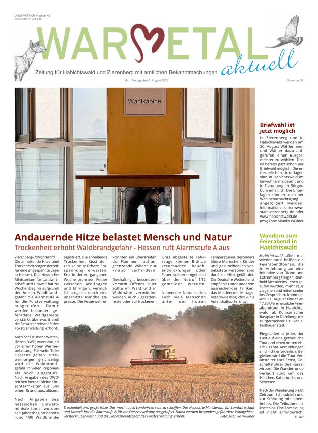 Warmetal aktuell (Habichtswald + Zierenberg) Titelblatt 32/2026