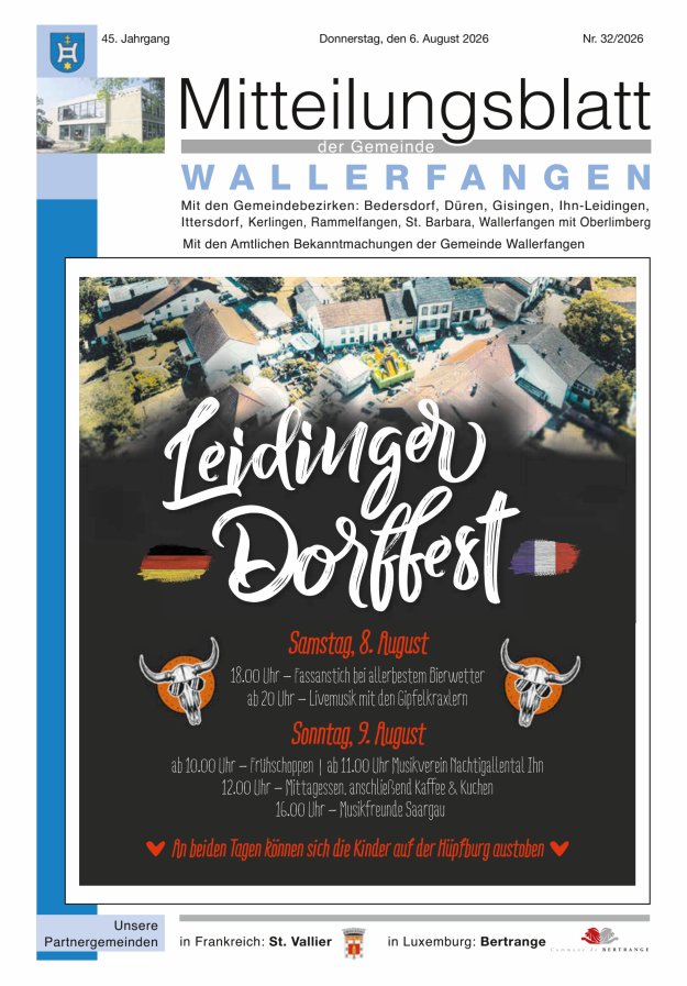 Mitteilungsblatt Gemeinde Wallerfangen Titelblatt 32/2026
