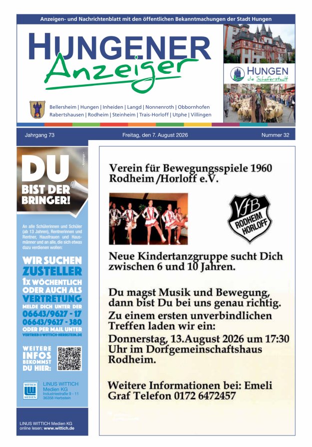 Anzeigen- und Nachrichtenblatt mit den öff  Bekanntmachungen der Stadt Hungen Titelblatt 32/2026