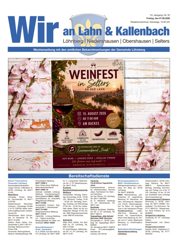 Amtliches Mitteilungsblatt der Gemeinde Löhnberg Titelblatt 32/2026