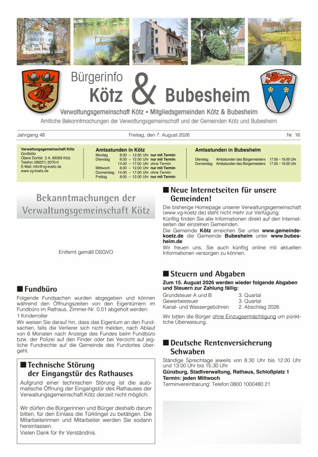 Amtsblatt der VG Kötz und der Mitgliedsgemeinden Titelblatt 16/2026